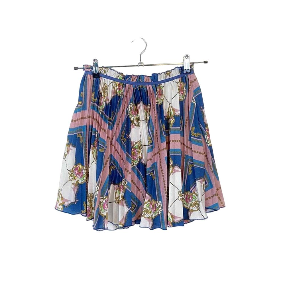 Preppy Pleated Skirt Scarf Print Lined Mini Skirt sz XS Pink Blue Retro Vibes